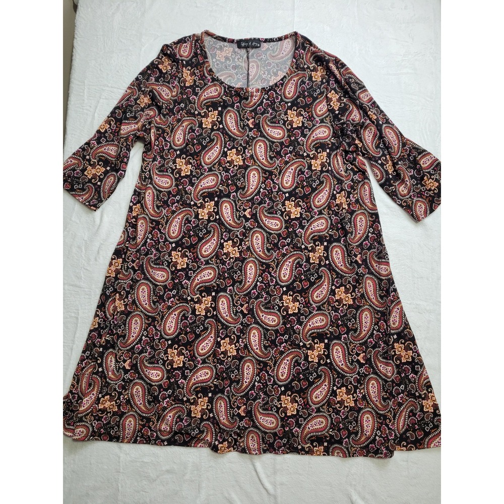 Tiffany & Grey Tunic Top Women 3X Black Paisley 3/4 Sleeve Boho